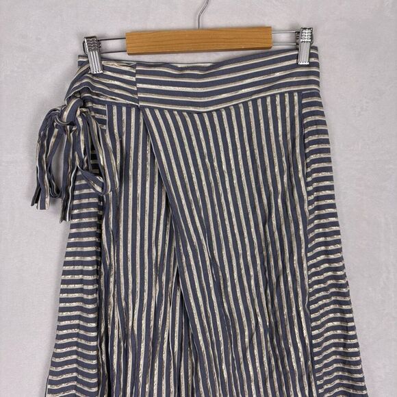 Eva Franco Anthro Blue, Gold, and White Striped High Waisted Wide Leg Pants Size - Picture 2 of 13